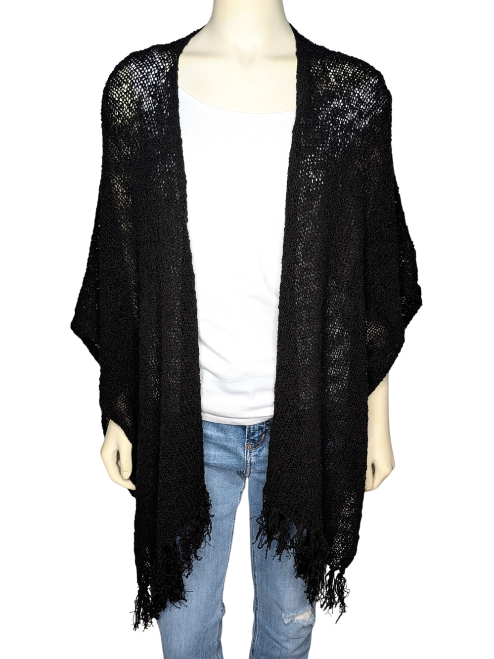Coldwater Creek Crochet Ruana Wrap Black Fringe Shawl Boho Whimsigoth Dark Fairy